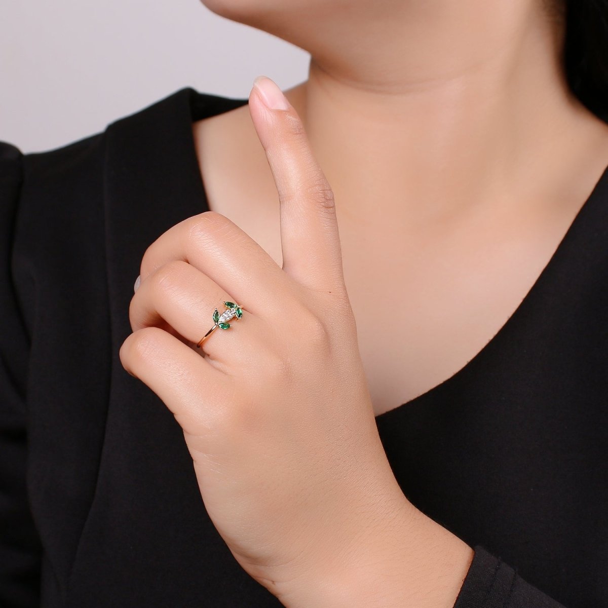 Dainty Leaf CZ Ring - 14k Gold Ring - Green Zirconia Ring - Gold Open Ring - Minimalist Ring Adjustable Layering Stacking Ring | R-140 - DLUXCA