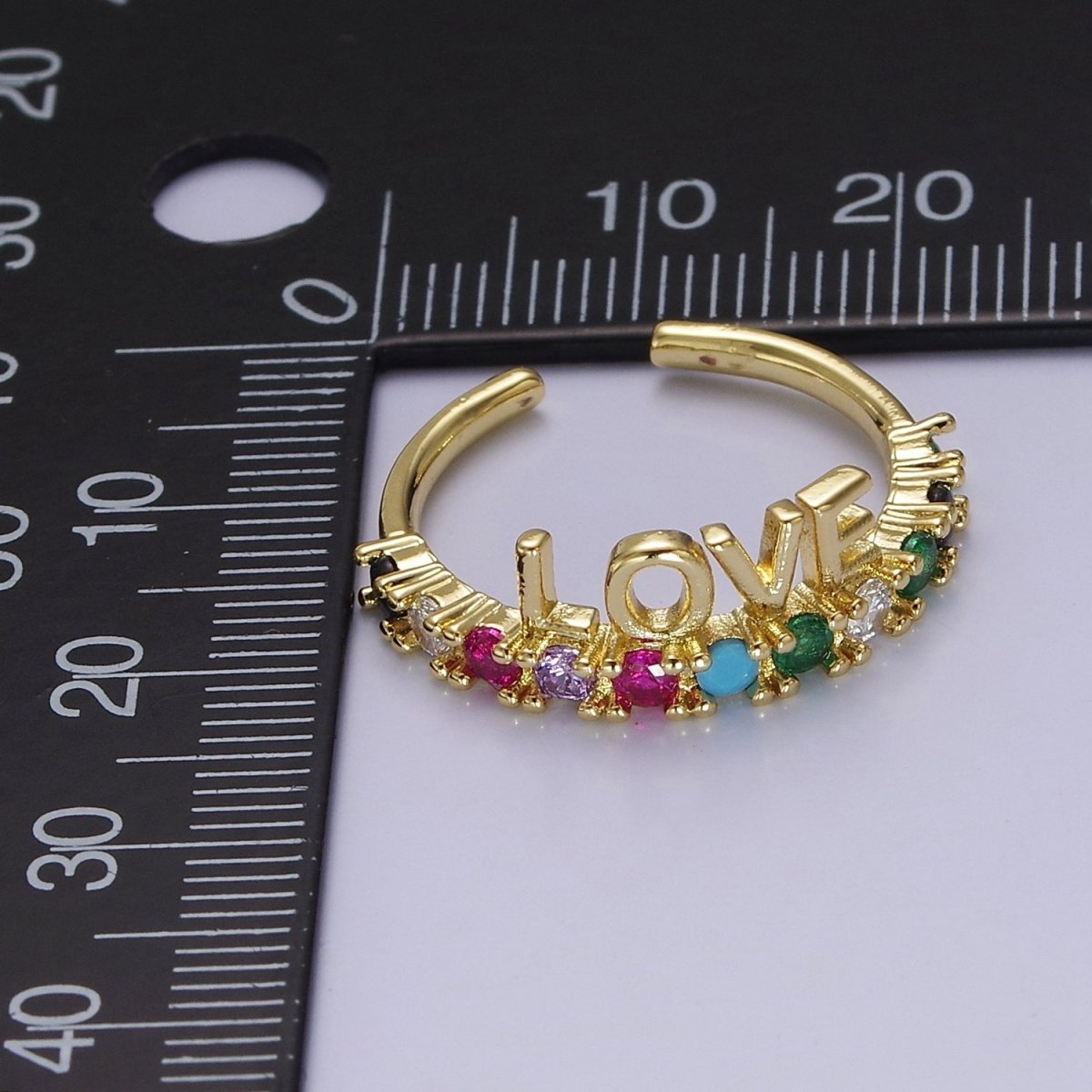 Dainty Love Script with Color CZ Stone Ring Gold Ring O-2108 - DLUXCA