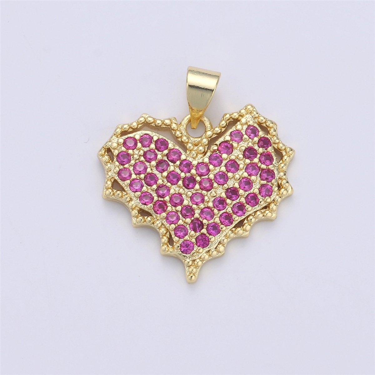 Dainty Magenta Micro Pave Heart Charm, Cubic Heart Shape Charm Gold Love Charm 25mm x 20mm for bracelet necklace earring charm Component I-356 - DLUXCA