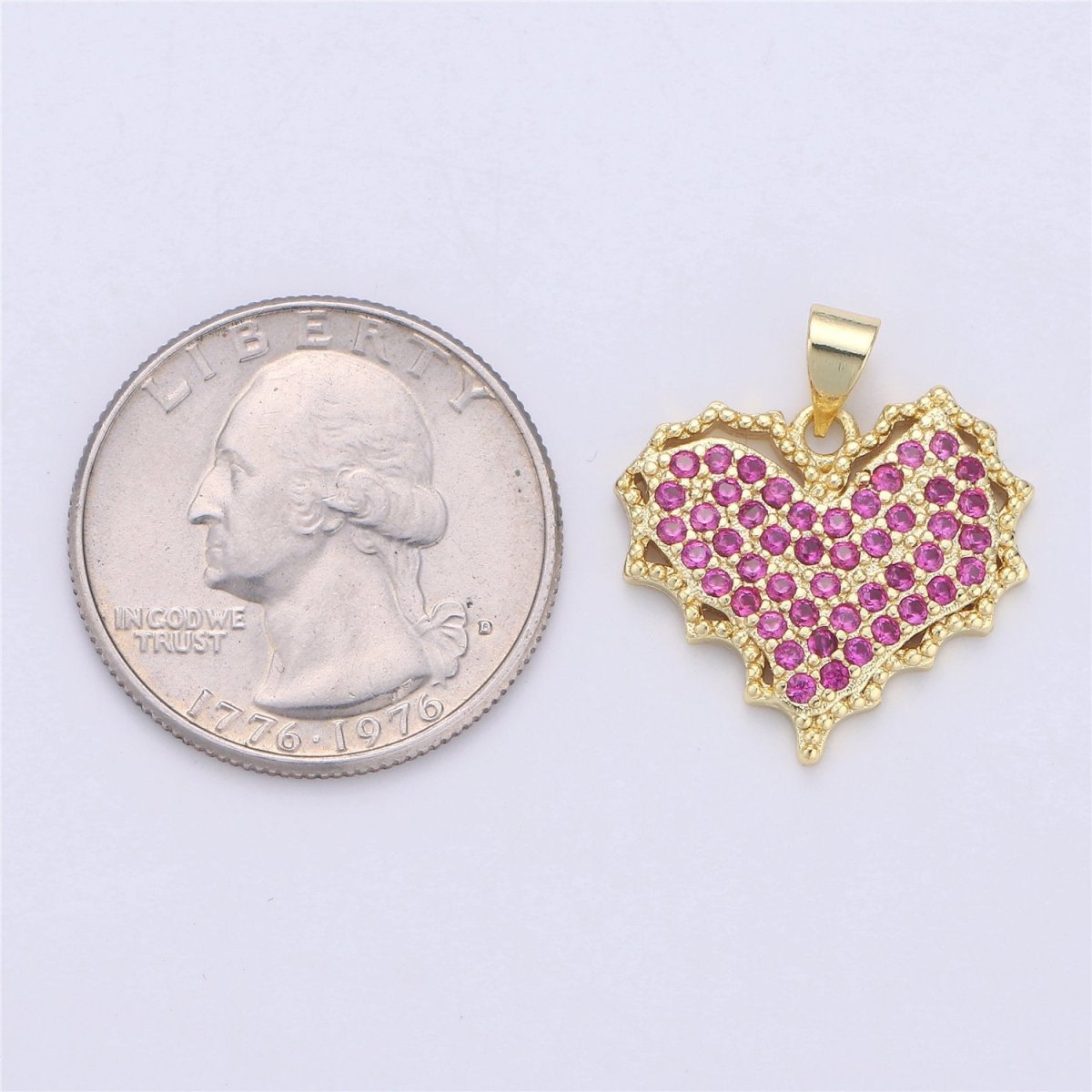 Dainty Magenta Micro Pave Heart Charm, Cubic Heart Shape Charm Gold Love Charm 25mm x 20mm for bracelet necklace earring charm Component I-356 - DLUXCA