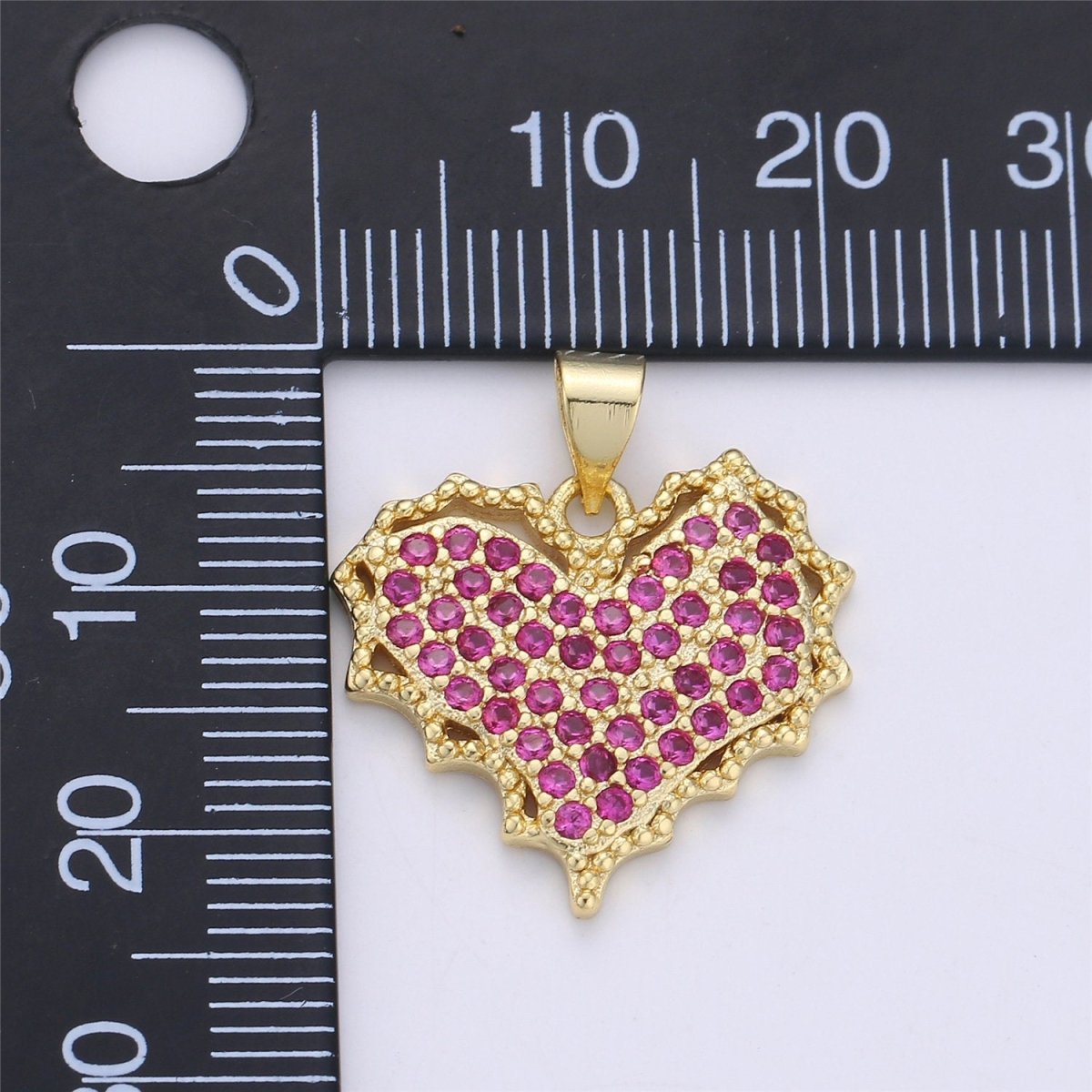 Dainty Magenta Micro Pave Heart Charm, Cubic Heart Shape Charm Gold Love Charm 25mm x 20mm for bracelet necklace earring charm Component I-356 - DLUXCA