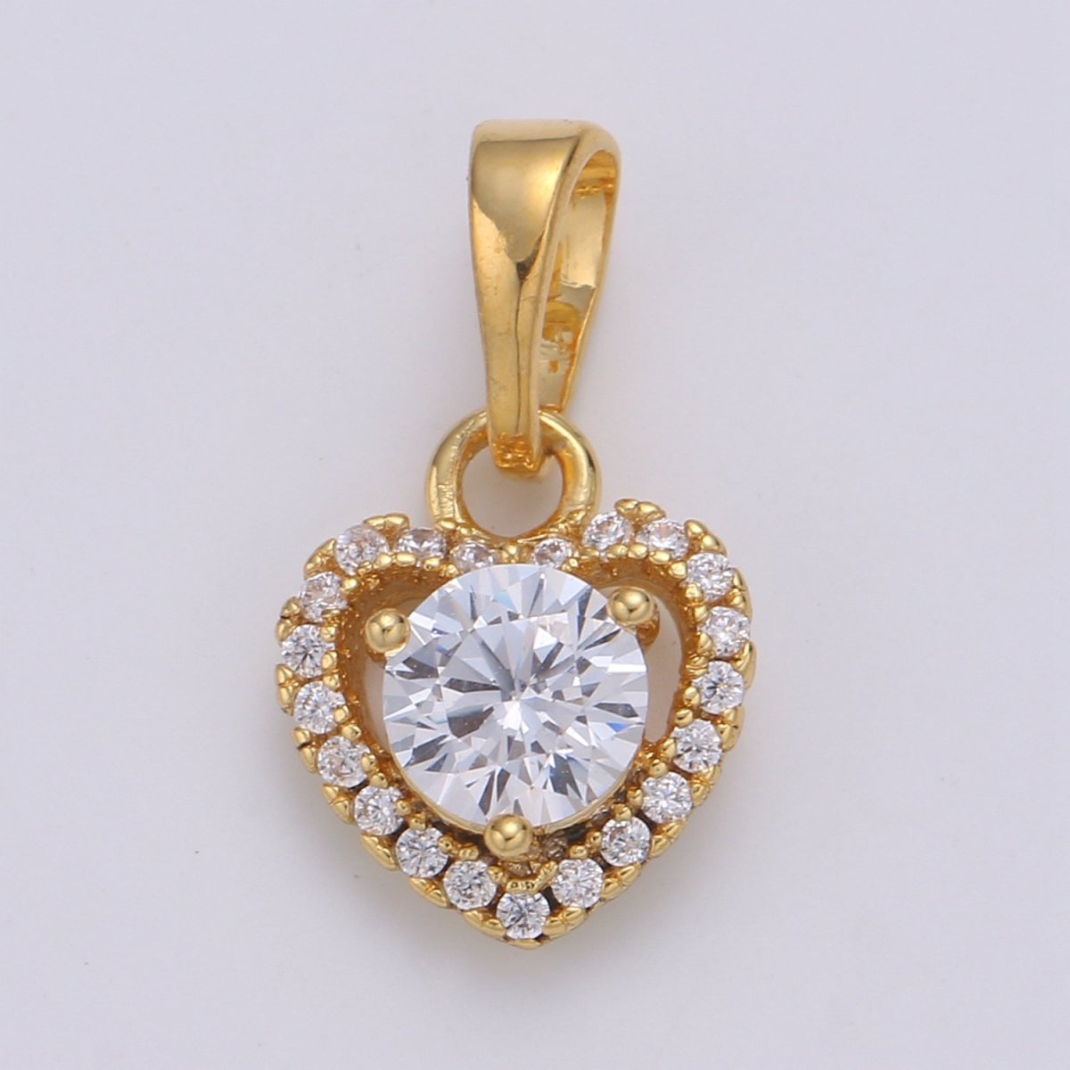 Dainty Micro Pave Heart Pendant with Big Clear CZ, Cubic Zirconia Solitaire Love Charm for Valentine Jewelry Gift Making Supply Necklace J-223 - DLUXCA