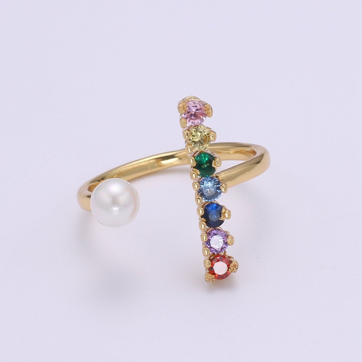 Dainty Micro Pave ring Open Adjustable Ring band Stacking ring Rainbow Gold ring Colorful Bridesmaid ring Pearl Wedding jewelry O-294 - DLUXCA