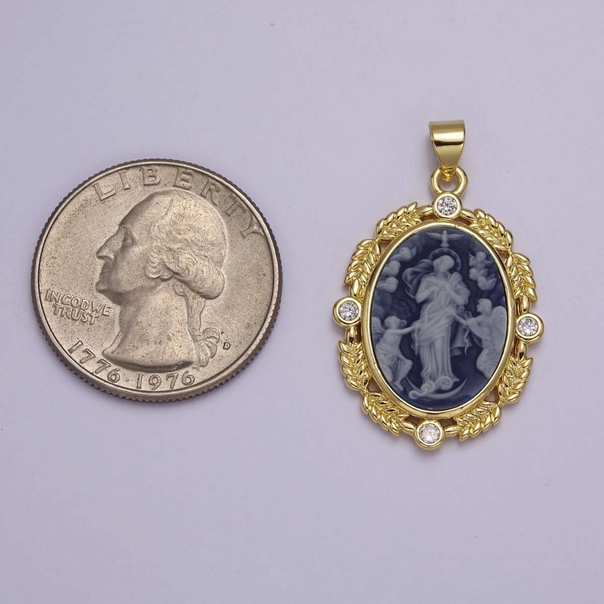 Dainty Micro Pave Vintage Blue Agate Jesus pendant Angel cameo jewelry Charm Necklace J-327 - DLUXCA