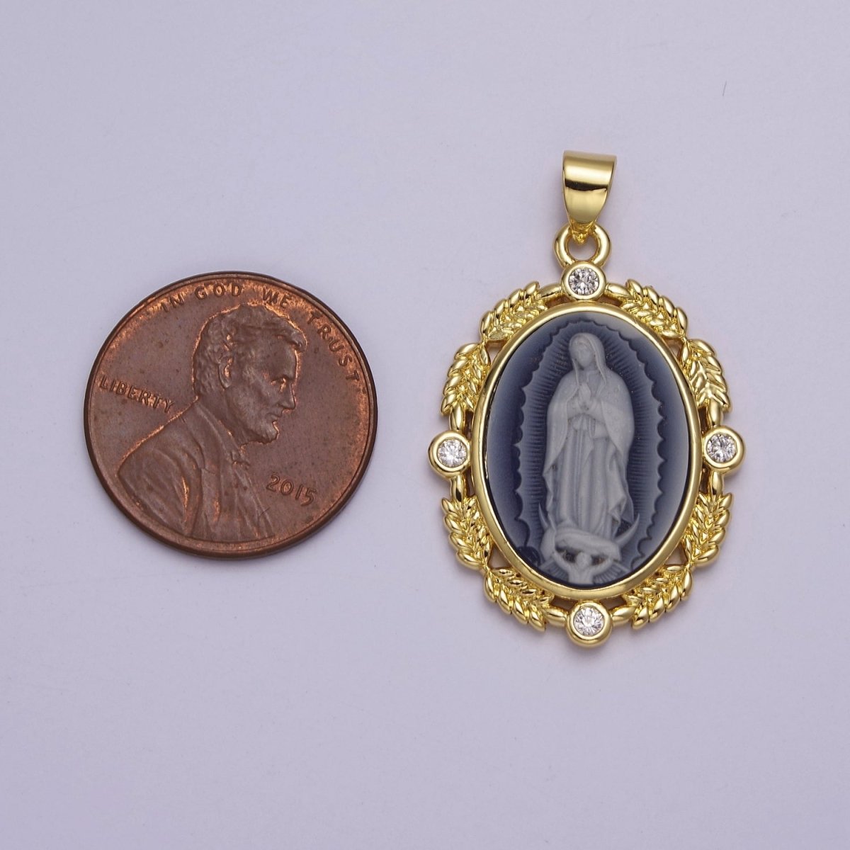 Dainty Micro Pave Vintage Blue Agate Virgin Mary pendant Lady Guadalupe cameo jewelry Charm Necklace J-185 - DLUXCA