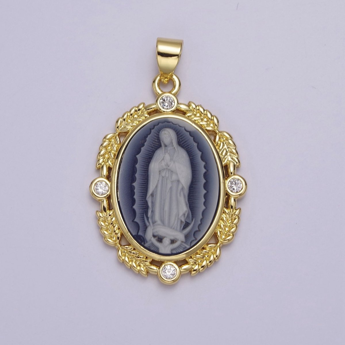 Dainty Micro Pave Vintage Blue Agate Virgin Mary pendant Lady Guadalupe cameo jewelry Charm Necklace J-185 - DLUXCA