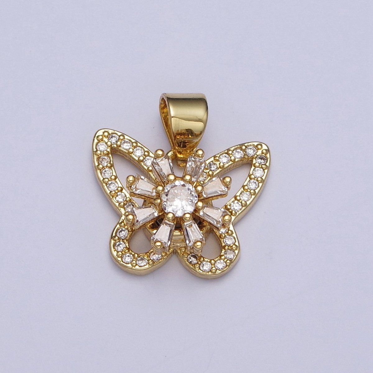 Dainty Micro Paved Butterfly Insect Pendant, Baguette Clear Cubic Zirconia Flower Mariposa Pendant For Jewelry Making | X-474 - DLUXCA