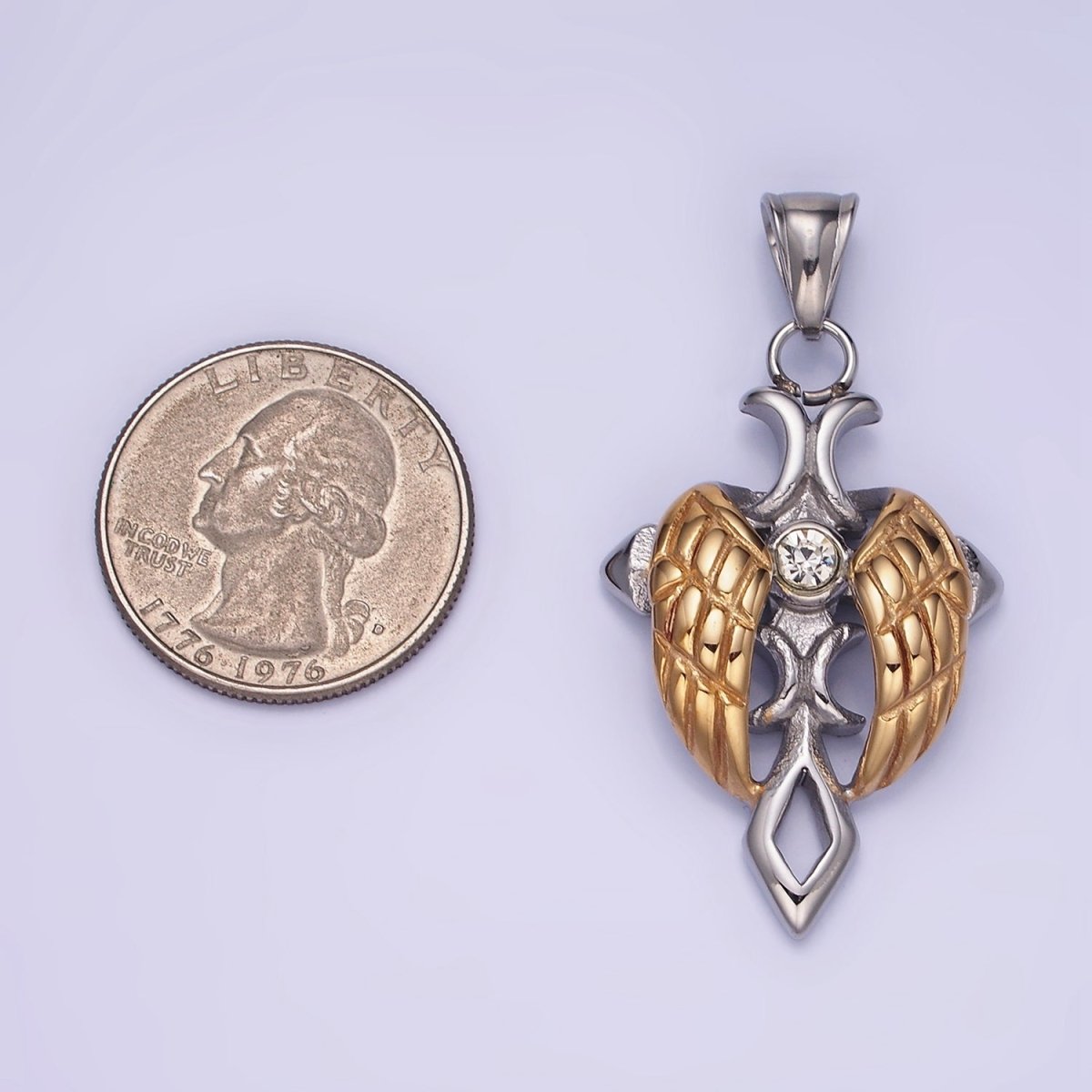 Dainty Mixed Metal Gold Winged Cross Pendant Stainless Steel Angel Wing Charm P1202 - DLUXCA