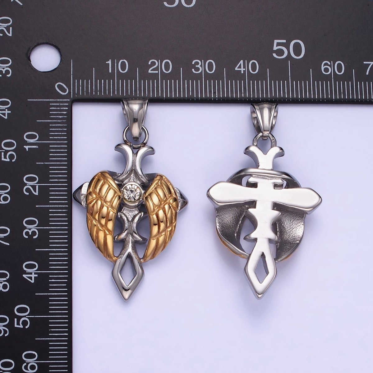 Dainty Mixed Metal Gold Winged Cross Pendant Stainless Steel Angel Wing Charm P1202 - DLUXCA