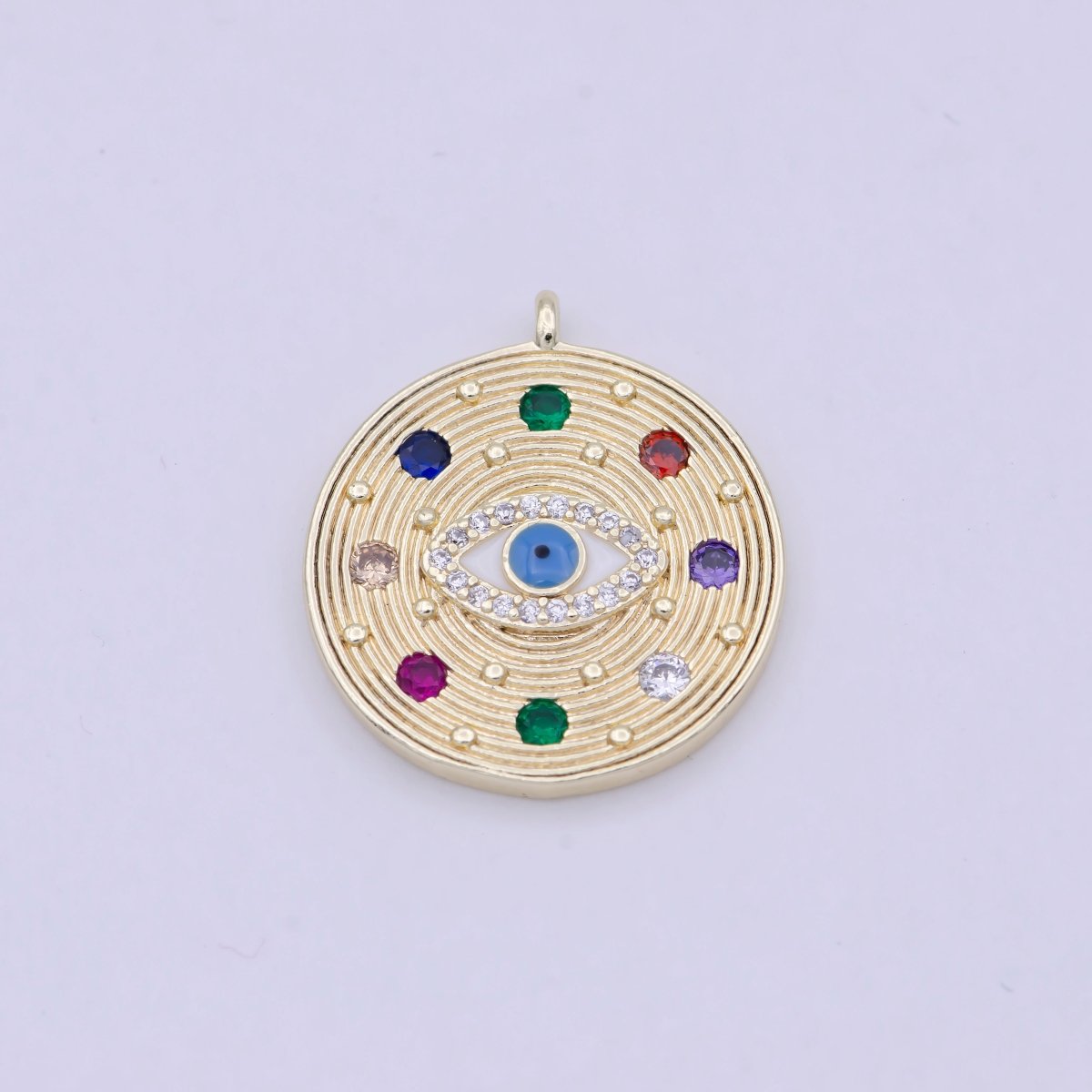 Dainty Multi Color Cz Stone Coin Charm Gold Evil Eye Pendant W-158 - DLUXCA