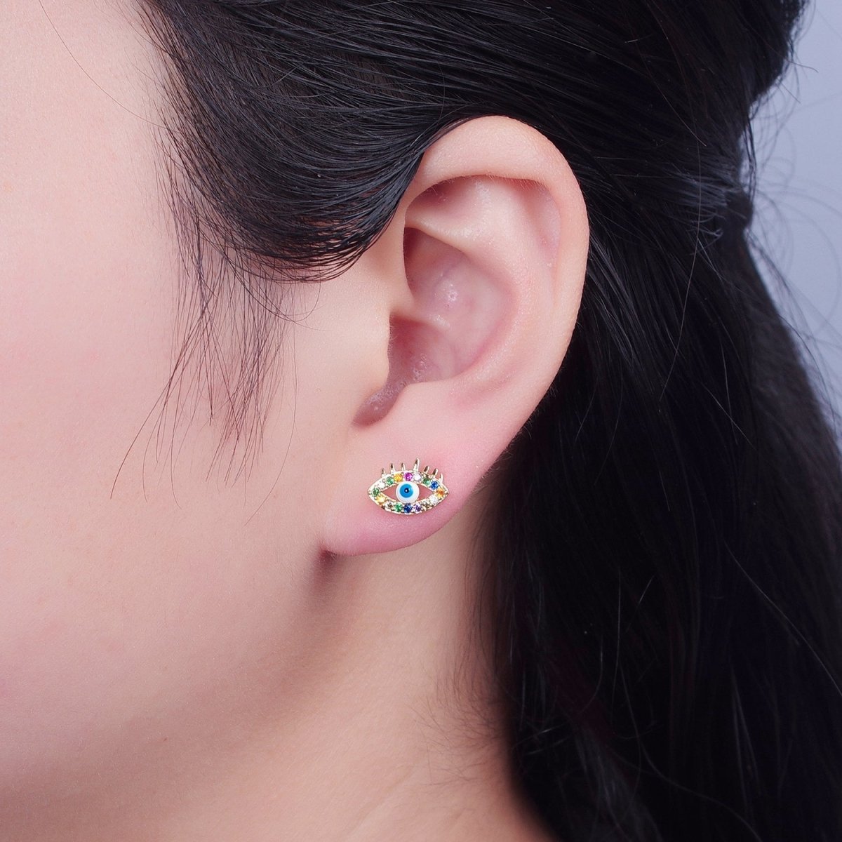 Dainty Multi Color Pave Evi Eye Stud Earring T-503 - DLUXCA