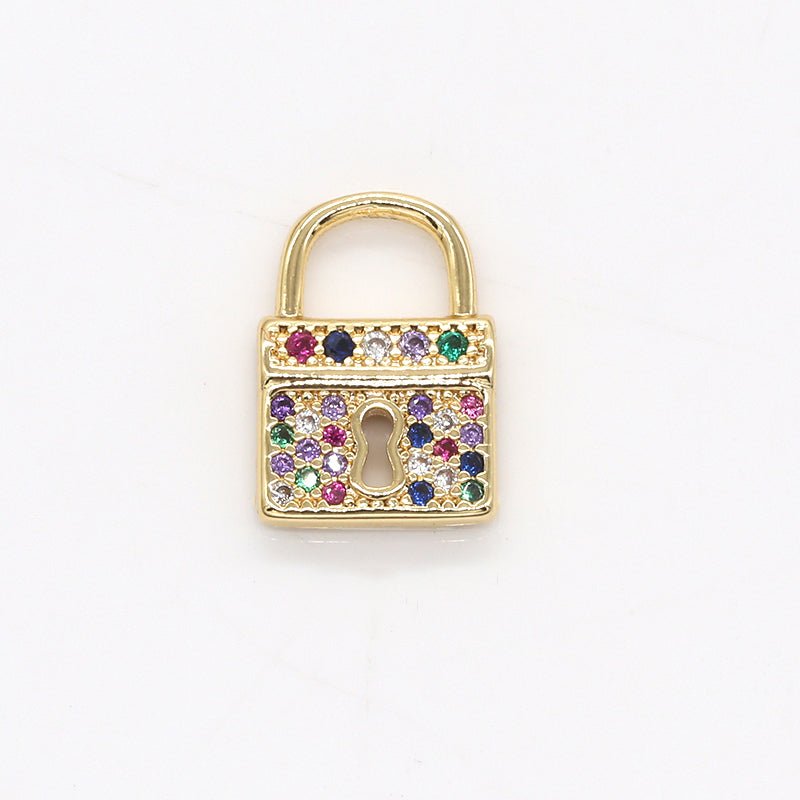 Dainty Multicolor Crystal Golden Square Padlock Charm CZ Geometric Square Colorful Crystal Gold Plated Charm Pendant GP-793 - DLUXCA