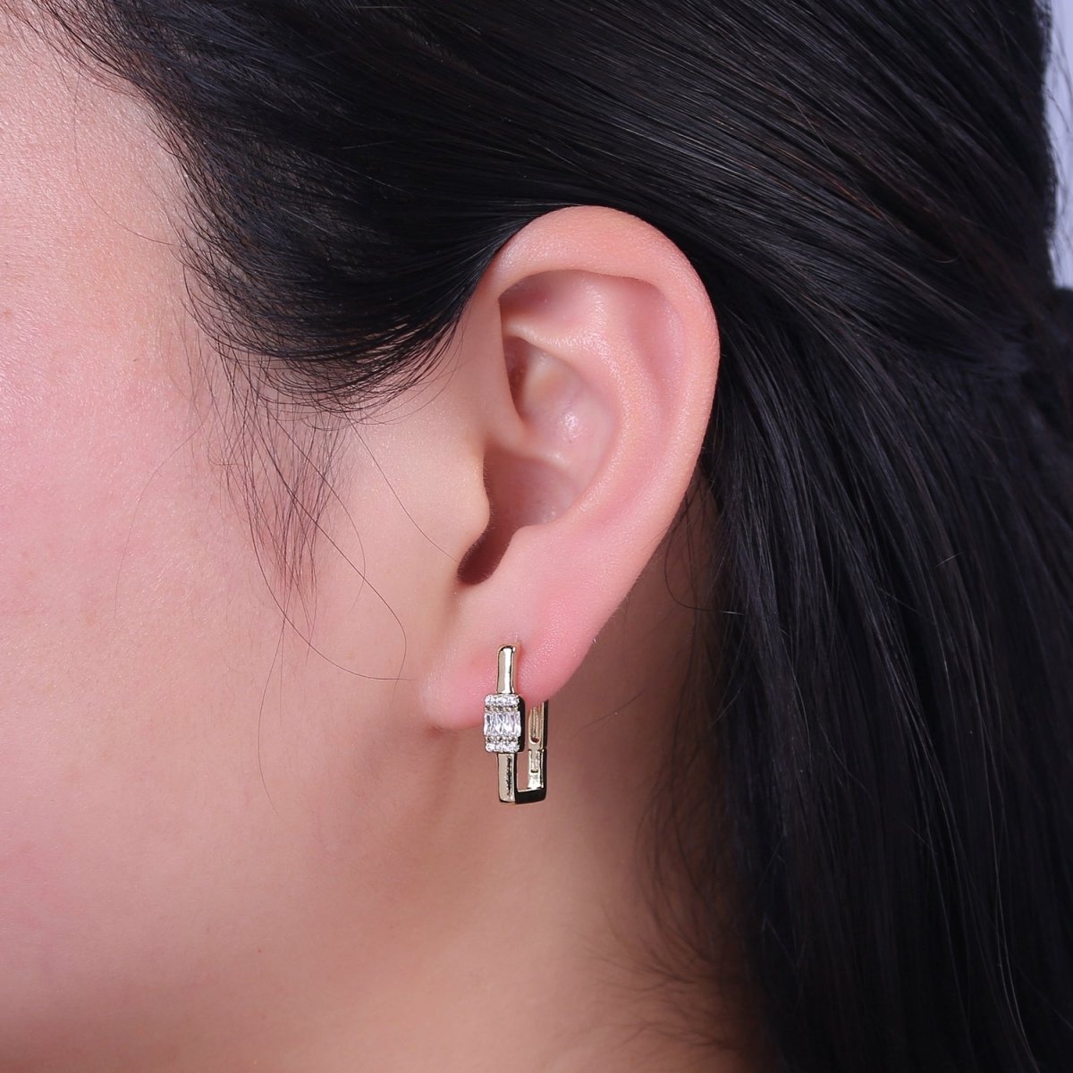 Dainty Oblong Rectangle Diamond cz Hoop Earring, Gold U Shape Hoop Earring V-149 - DLUXCA