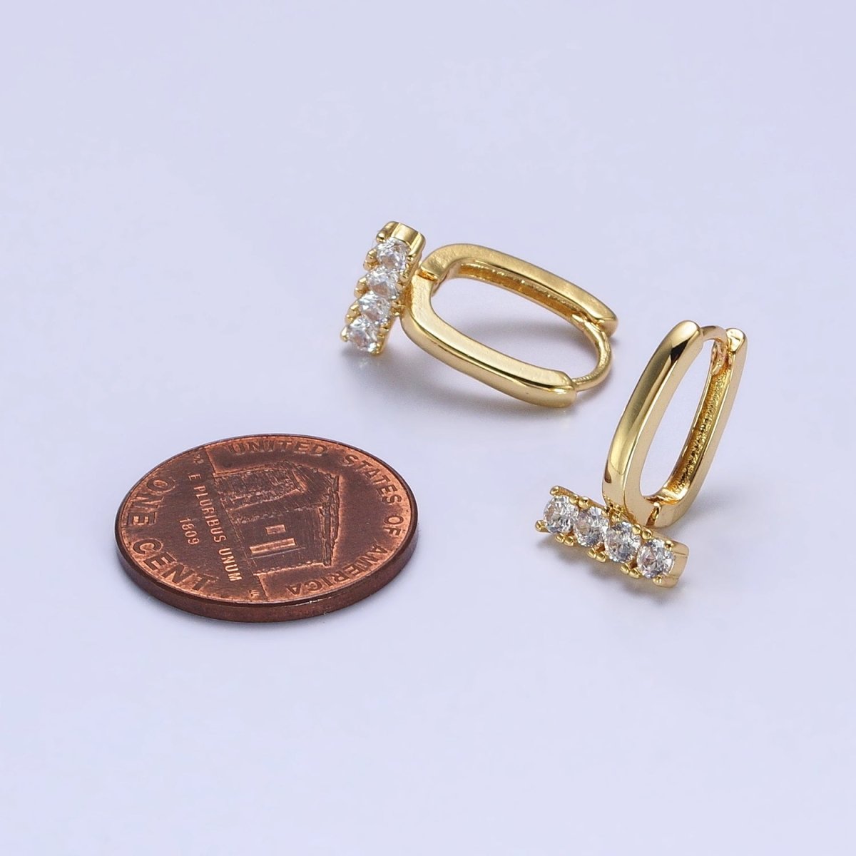 Dainty Oblong Rectangle Hoop Earring, Gold U Shape Huggie Hoop CZ Earrings AB192 - DLUXCA