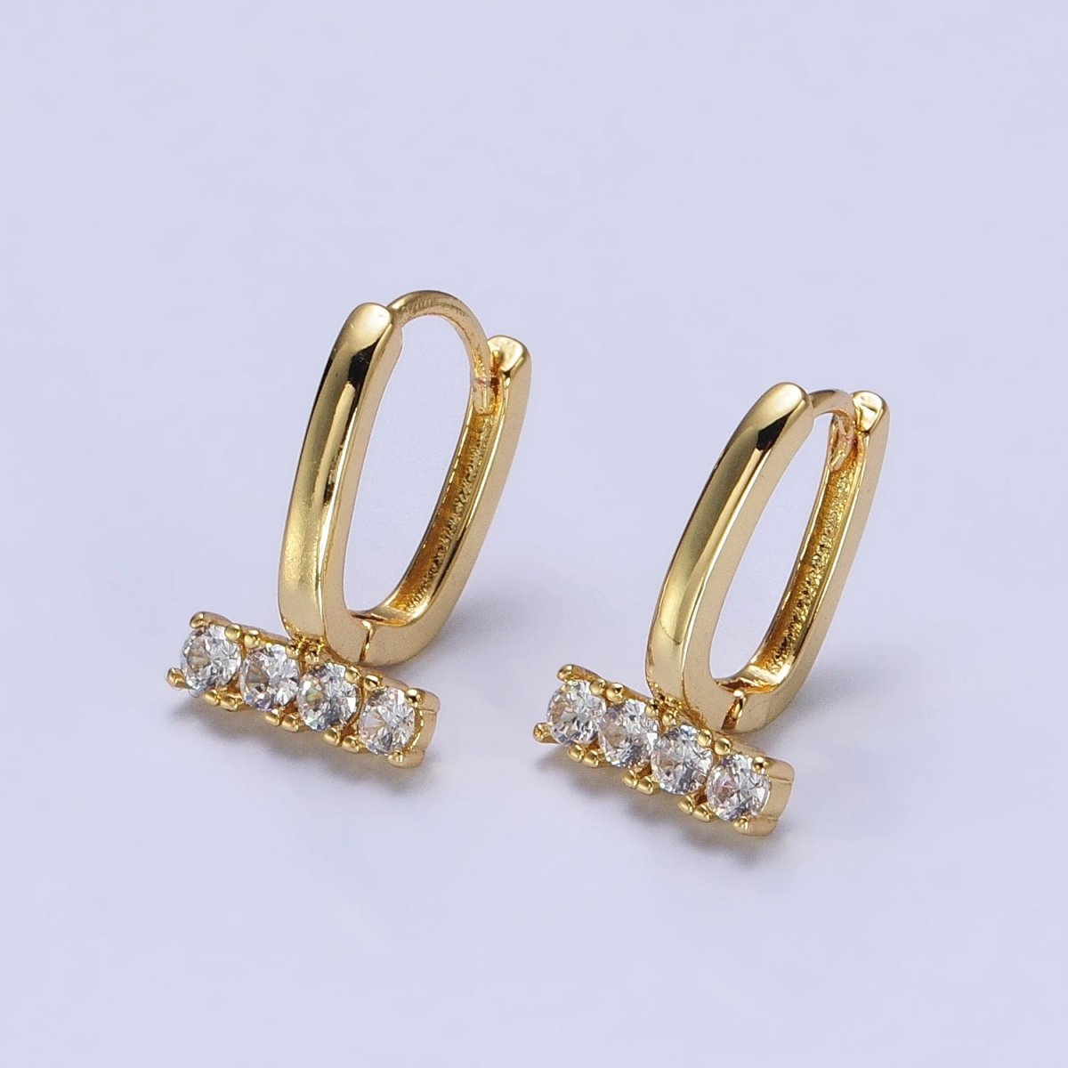 Dainty Oblong Rectangle Hoop Earring, Gold U Shape Huggie Hoop CZ Earrings AB192 - DLUXCA