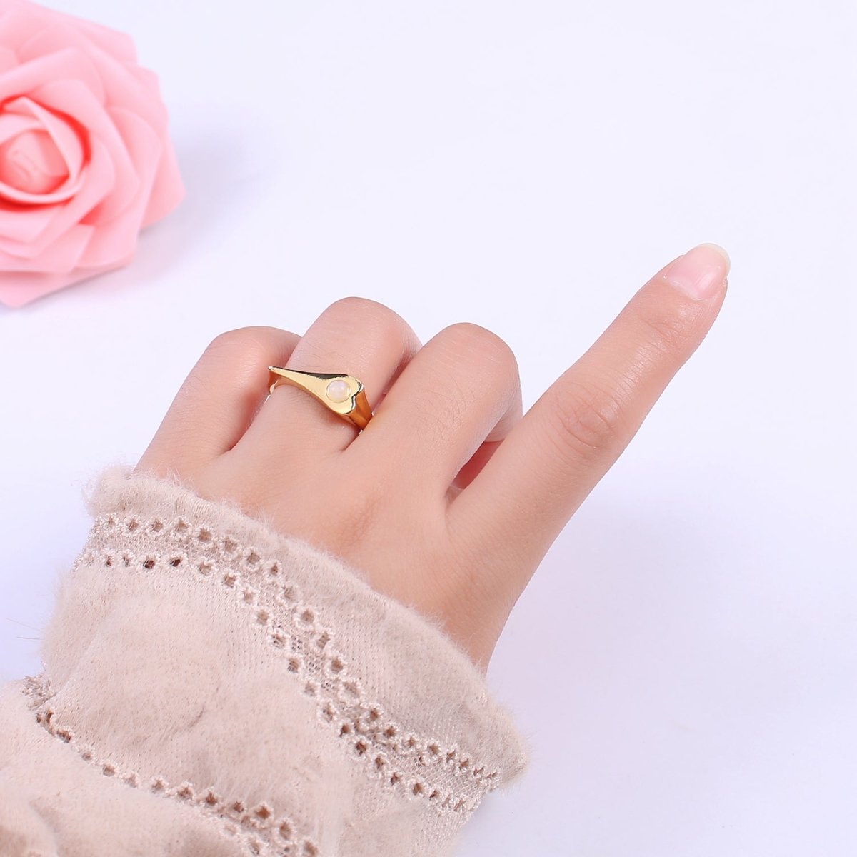 Dainty Opal Signet Long Heart Ring - Adjustable Gold Filled Ring Minimalist Jewelry for Valentine U-226 - DLUXCA