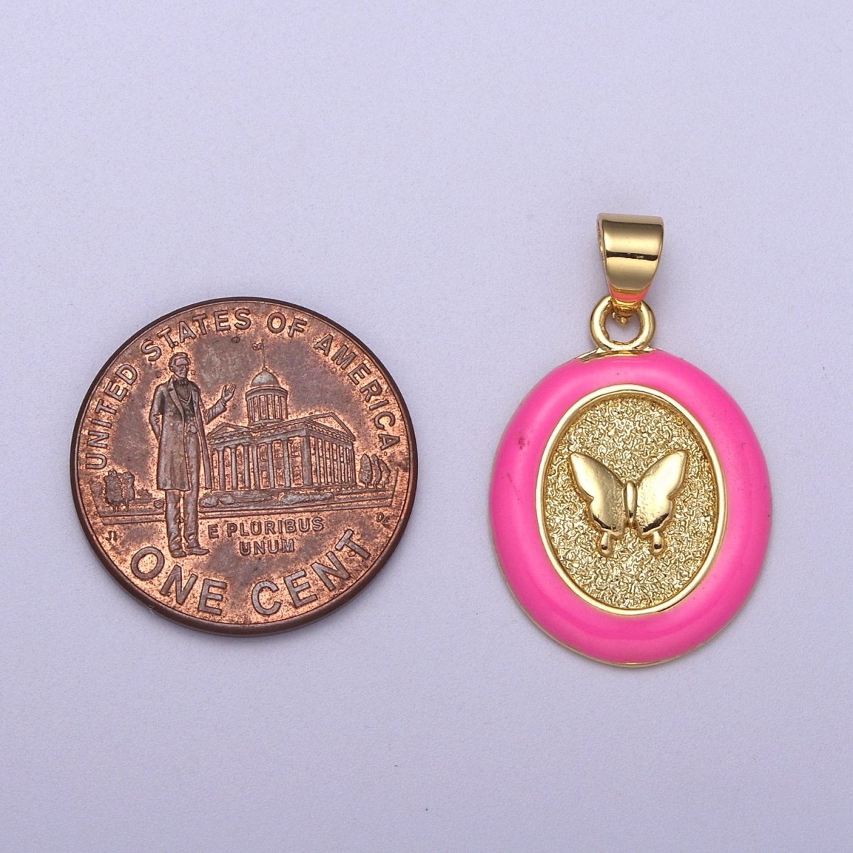 Dainty Oval Butterfly Pendant with Pink Enamel Frame Charm H-190 - DLUXCA