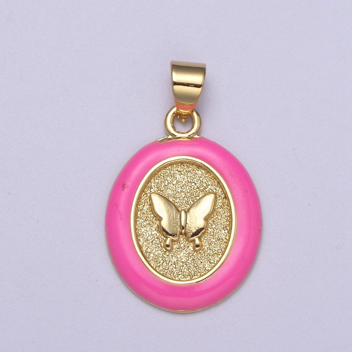 Dainty Oval Butterfly Pendant with Pink Enamel Frame Charm H-190 - DLUXCA