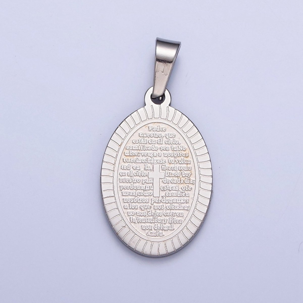 Dainty Oval Stainless Steel Pendant, Religious Pendant Engraved with the Lord's Prayer in Spanish I-529 I-759 - DLUXCA