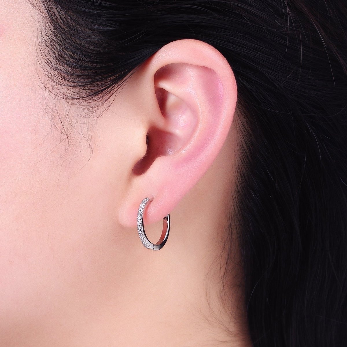 Dainty Pave Cz Hoop Earring with Clear Turquoise Multi Color Rainbow Cz Stone 17mm AD1349 AD1350 AD1352 AD1353 - DLUXCA