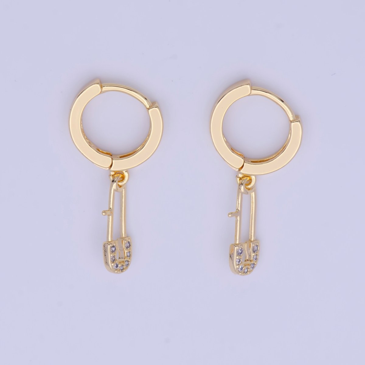 Dainty Pave Safety Pin Earrings • Gold Huggie Earrings • Minimalist Jewelry X-920 - DLUXCA