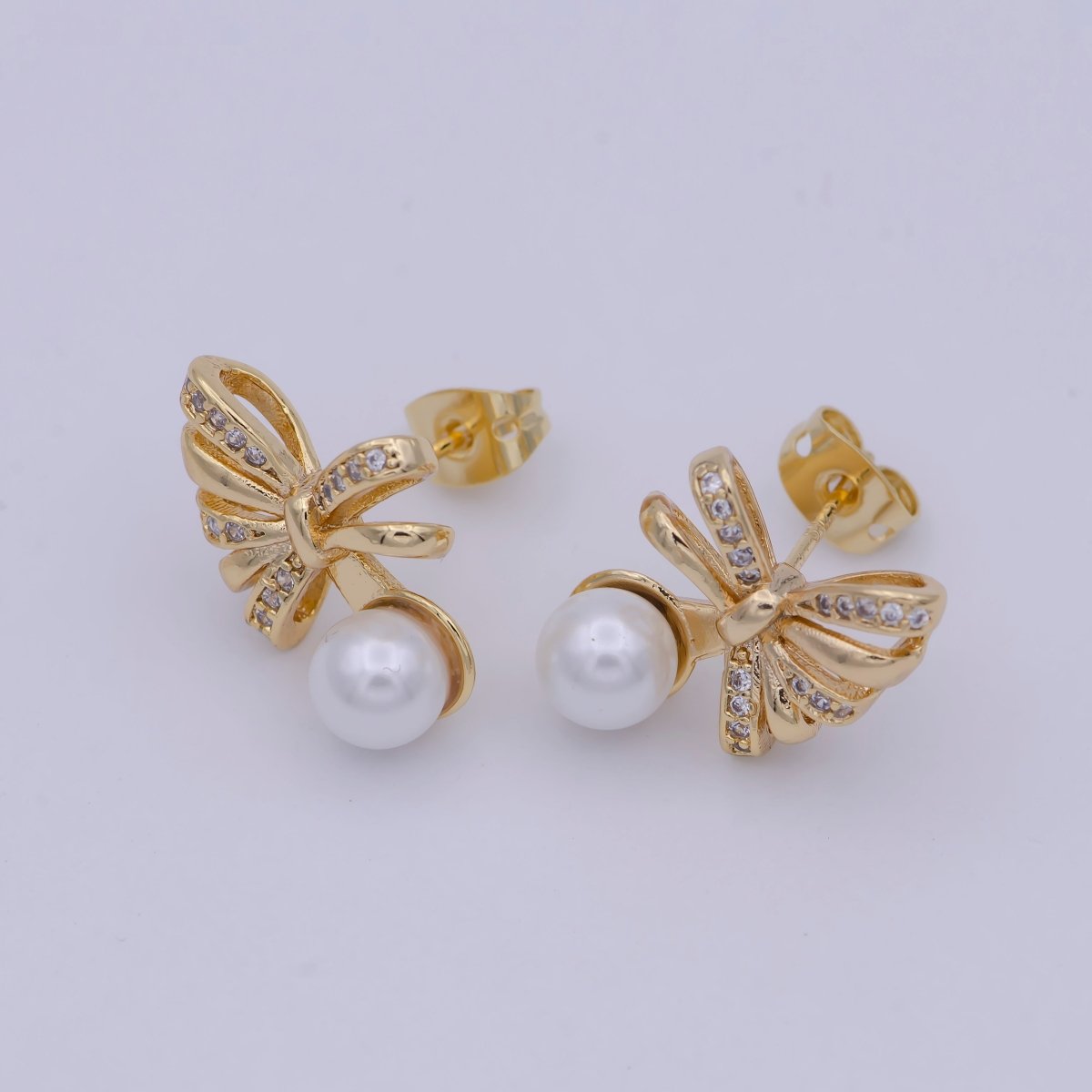 Dainty Pearl Bow Earring Stud with Cubic Zirconia Q-121 - DLUXCA