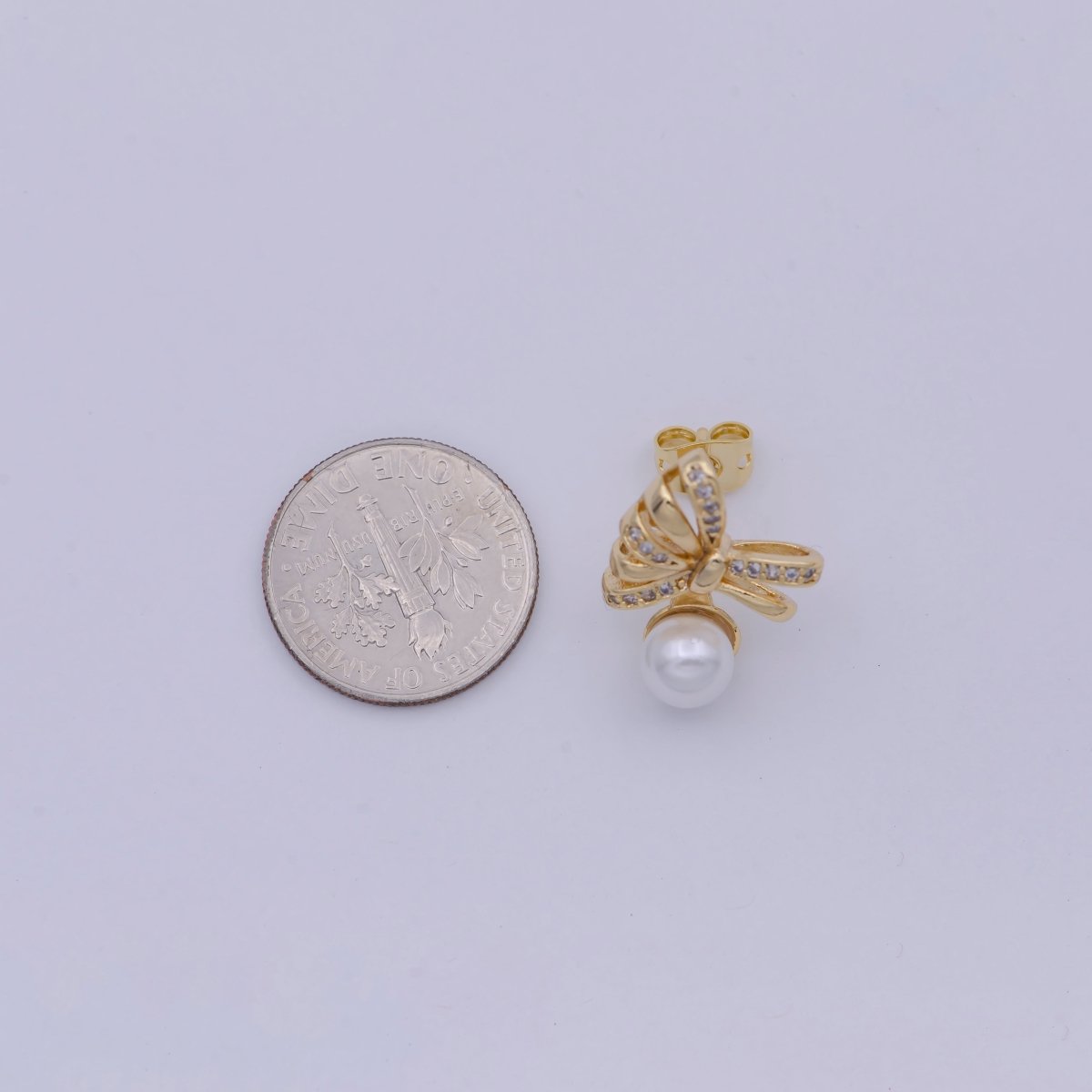Dainty Pearl Bow Earring Stud with Cubic Zirconia Q-121 - DLUXCA