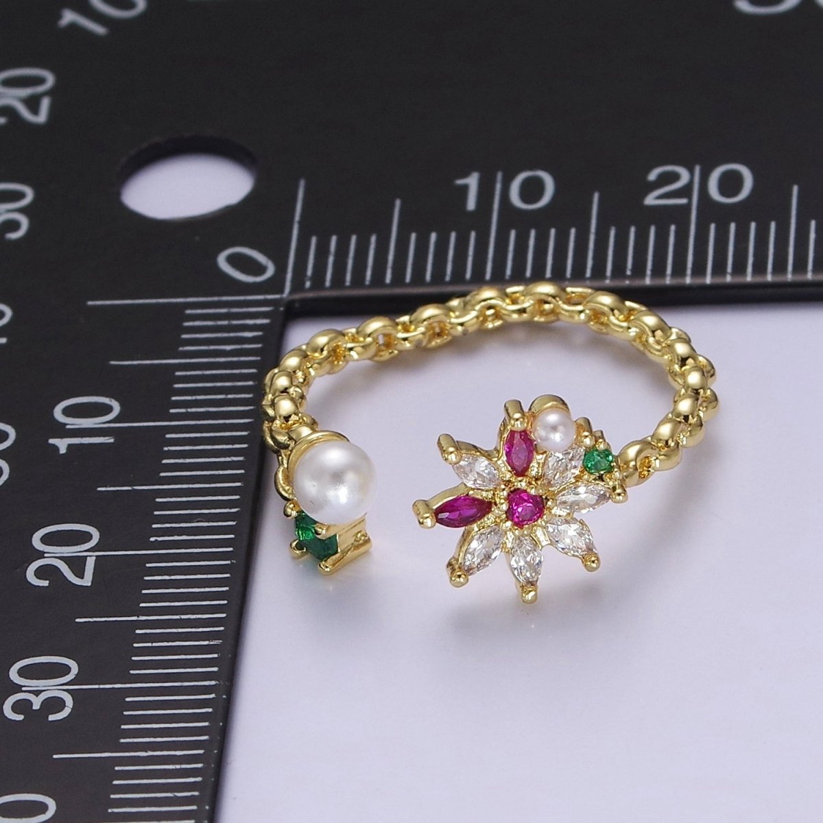 Dainty Pearl Flower Ring with Color Cz Stone O-2104 - DLUXCA