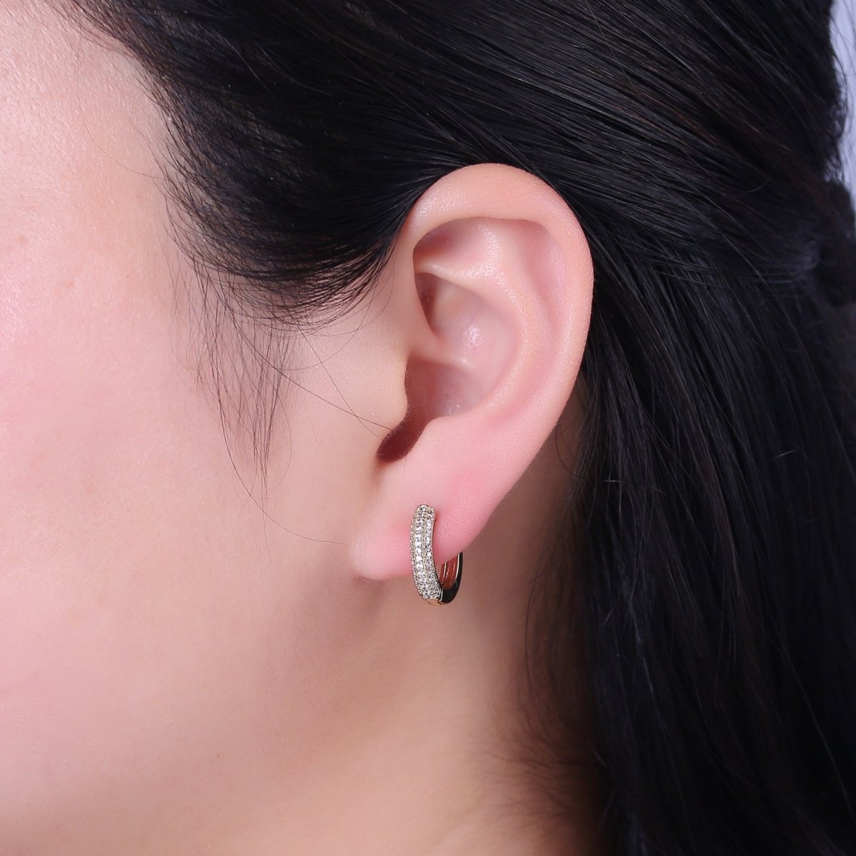 Dainty Pierced Earrings 14K Gold Filled Micropavé CZ Huggie Hoop Earrings, DIY Jewelry Supplies V-154 - DLUXCA