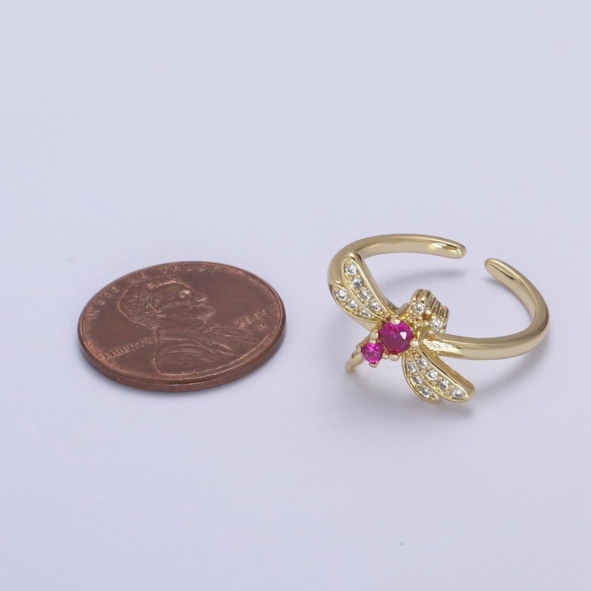 Dainty Pink Fuchsia Micro Pave Dragonfly Adjustable Ring, Minimalist 24K Gold Filled Nature Jewelry U-437 - DLUXCA