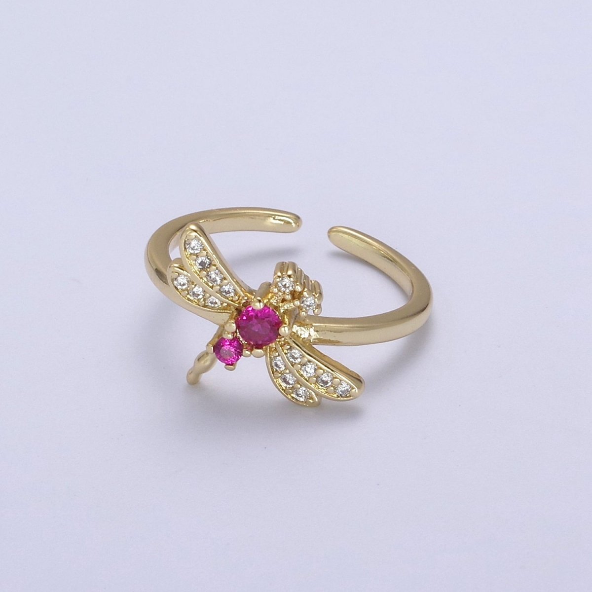 Dainty Pink Fuchsia Micro Pave Dragonfly Adjustable Ring, Minimalist 24K Gold Filled Nature Jewelry U-437 - DLUXCA