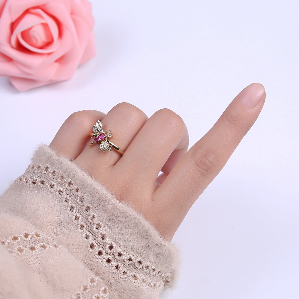 Dainty Pink Fuchsia Micro Pave Dragonfly Adjustable Ring, Minimalist 24K Gold Filled Nature Jewelry U-437 - DLUXCA