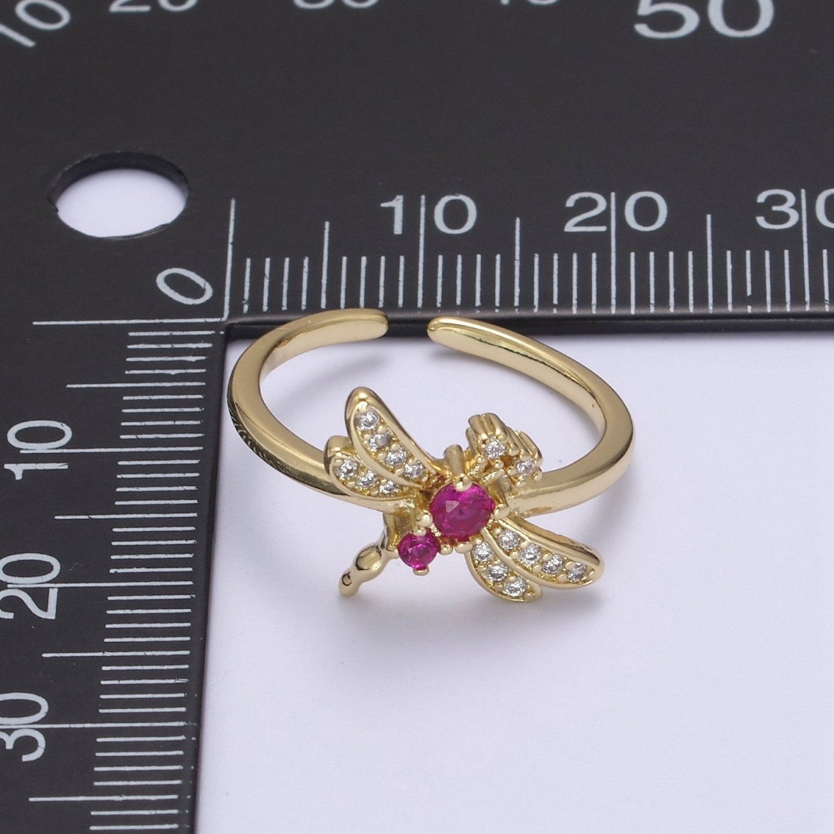 Dainty Pink Fuchsia Micro Pave Dragonfly Adjustable Ring, Minimalist 24K Gold Filled Nature Jewelry U-437 - DLUXCA