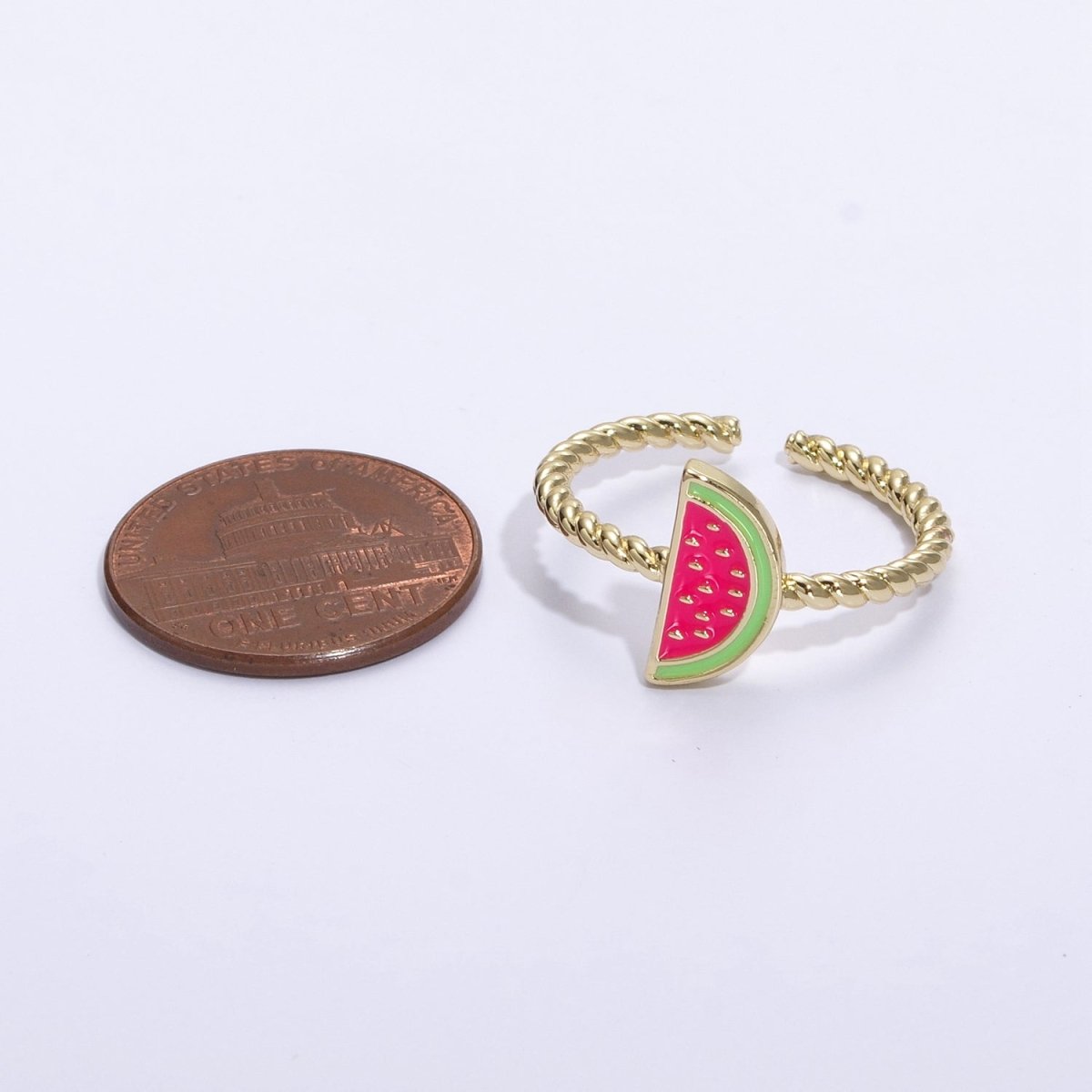 Dainty Pink Red Watermelon Ring Thin Gold Filled Adjustable Ring Fruit Jewelry U-094 U-095 - DLUXCA