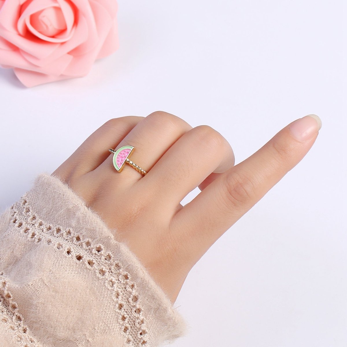 Dainty Pink Red Watermelon Ring Thin Gold Filled Adjustable Ring Fruit Jewelry U-094 U-095 - DLUXCA