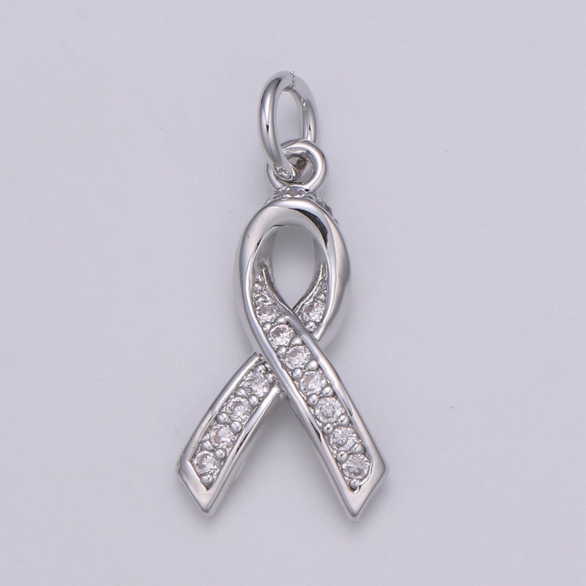 Dainty Pink Ribbon CZ Pave Charm Breast Cancer Awarness Pendant E-075 - DLUXCA