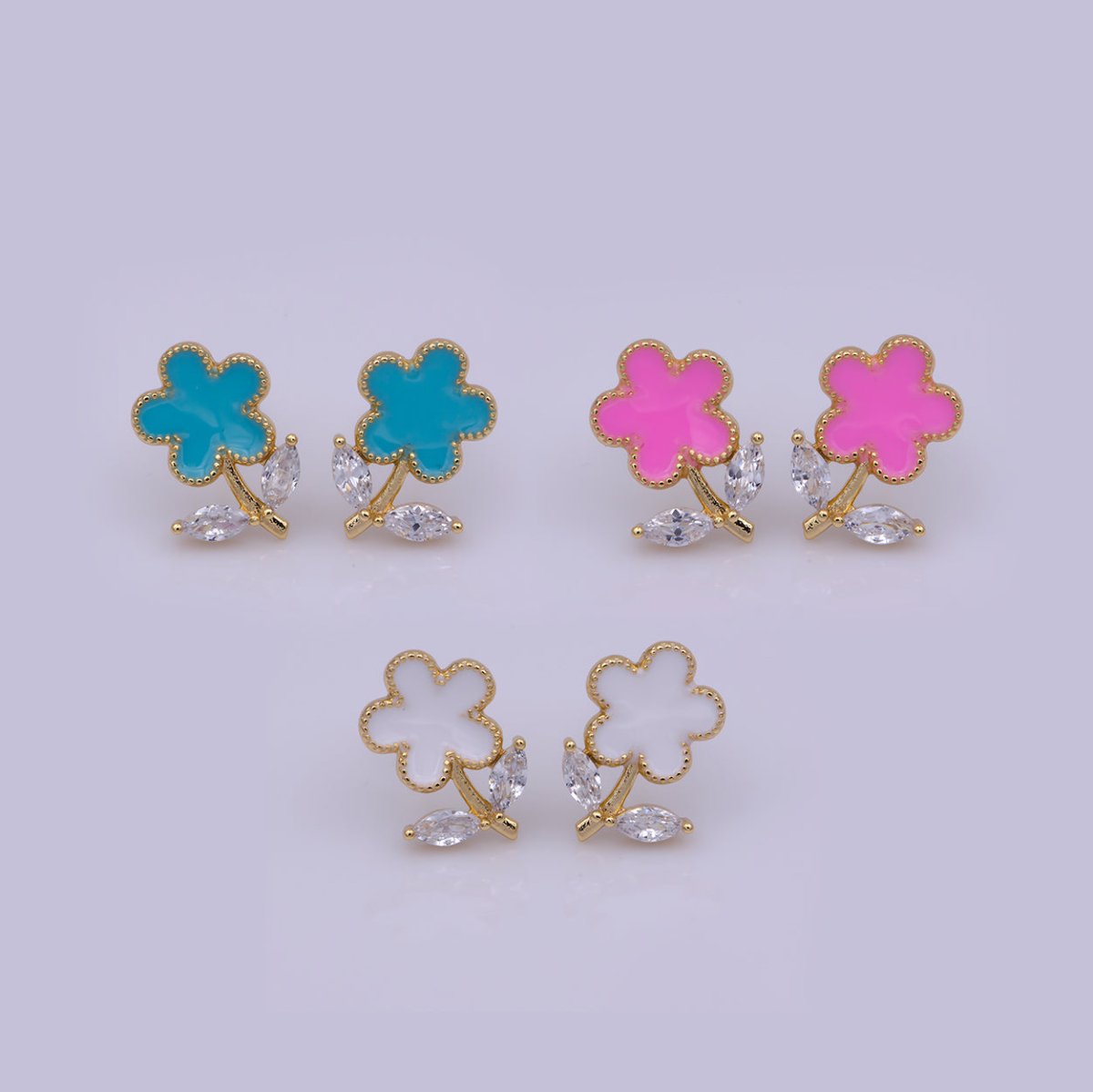 Dainty Pink, Teal, White Enamel Daisy Flower with Crystal Zirconia CZ Gold Stud Earring | T-222 ~ T-224 - DLUXCA