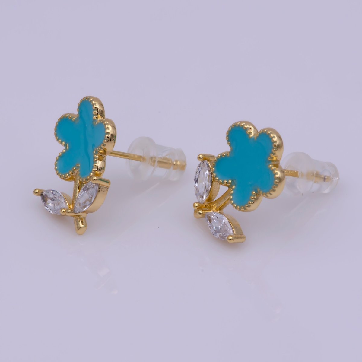 Dainty Pink, Teal, White Enamel Daisy Flower with Crystal Zirconia CZ Gold Stud Earring | T-222 ~ T-224 - DLUXCA