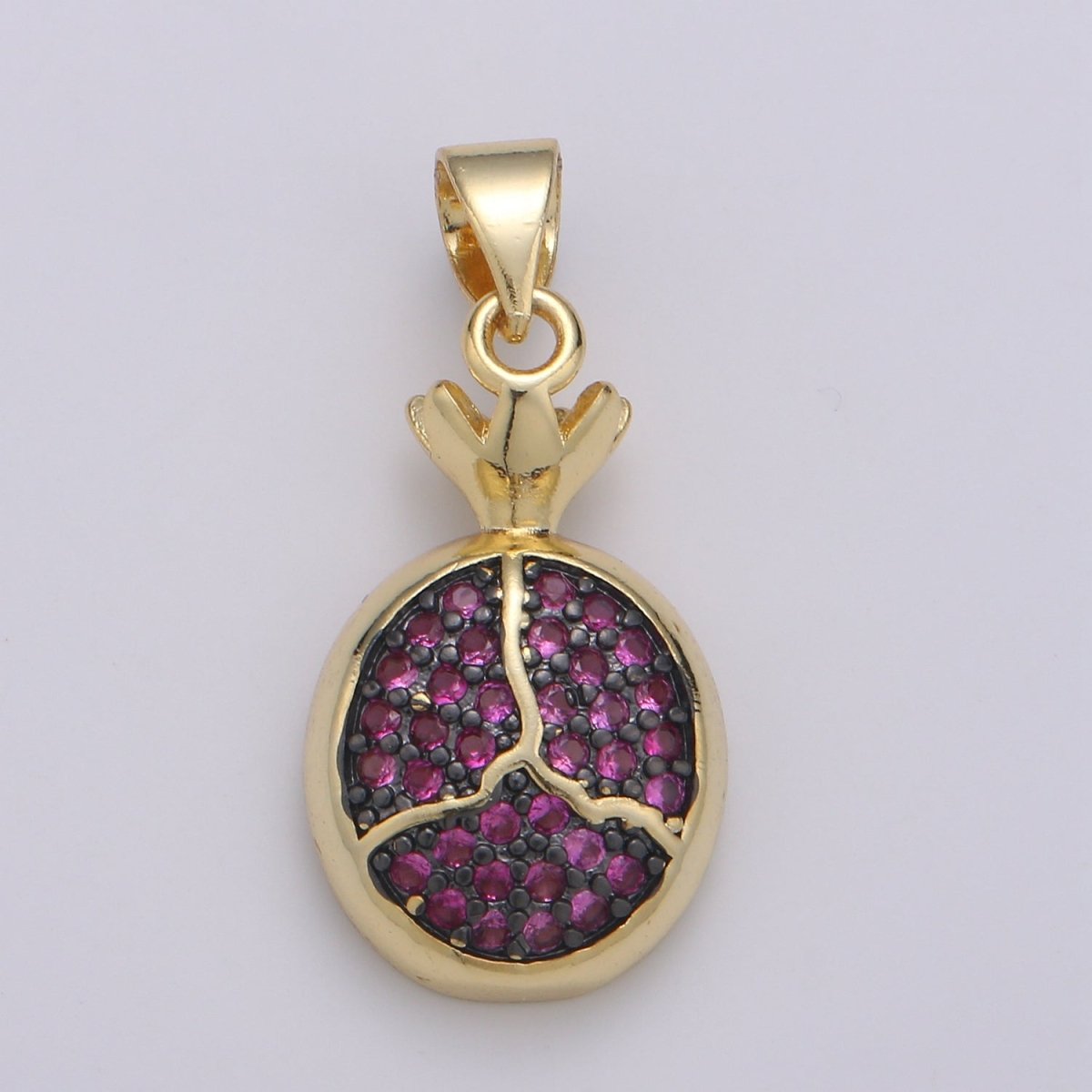 Dainty Pomegranate 24K Gold Filled Charm, Purple Seed Fruit Pendant Charm, Dainty Charm, Green Leaf Pendant, Gold Color PDGF-2090 - DLUXCA
