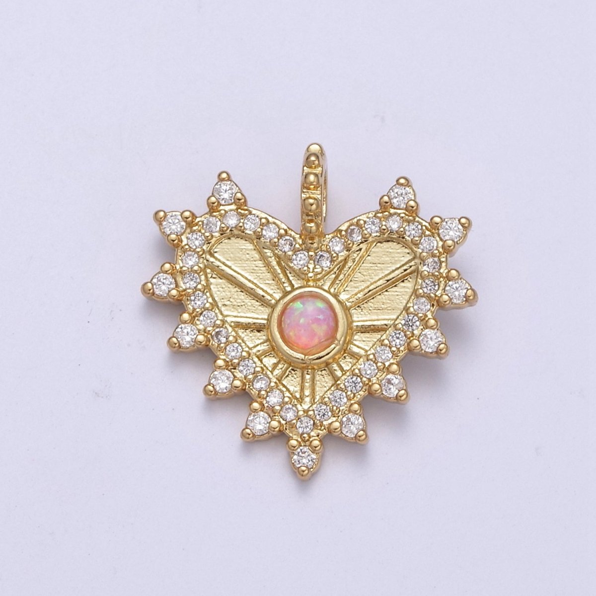 Dainty Radial Heart Pendant Gold Fill Medallion Charm Pink Opal Cz Love Jewelry H-241 - DLUXCA