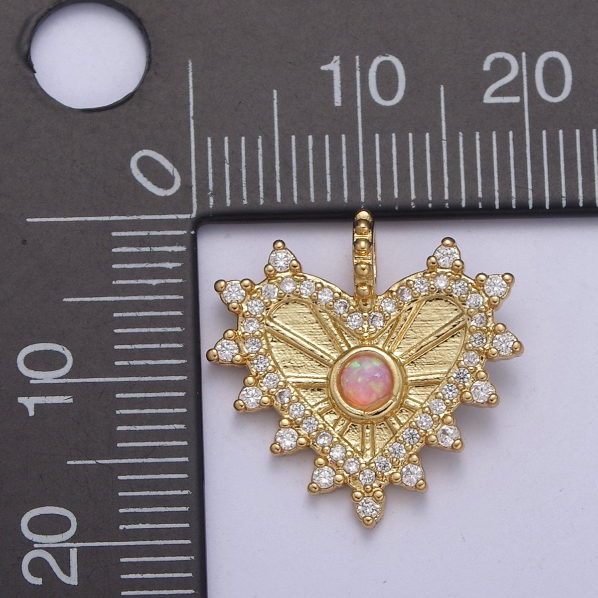 Dainty Radial Heart Pendant Gold Fill Medallion Charm Pink Opal Cz Love Jewelry H-241 - DLUXCA