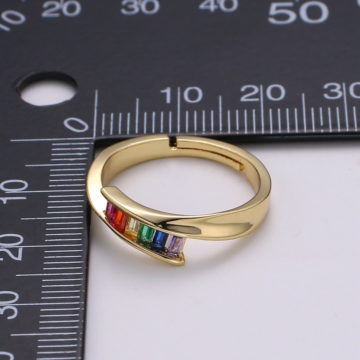 Dainty Rainbow Baguette Ring - Colorful Ring - Multicolor Stone Ring - Rainbow Jewelry - Stacking Ring Adjustable Ring US Size 7.5 R502 - DLUXCA