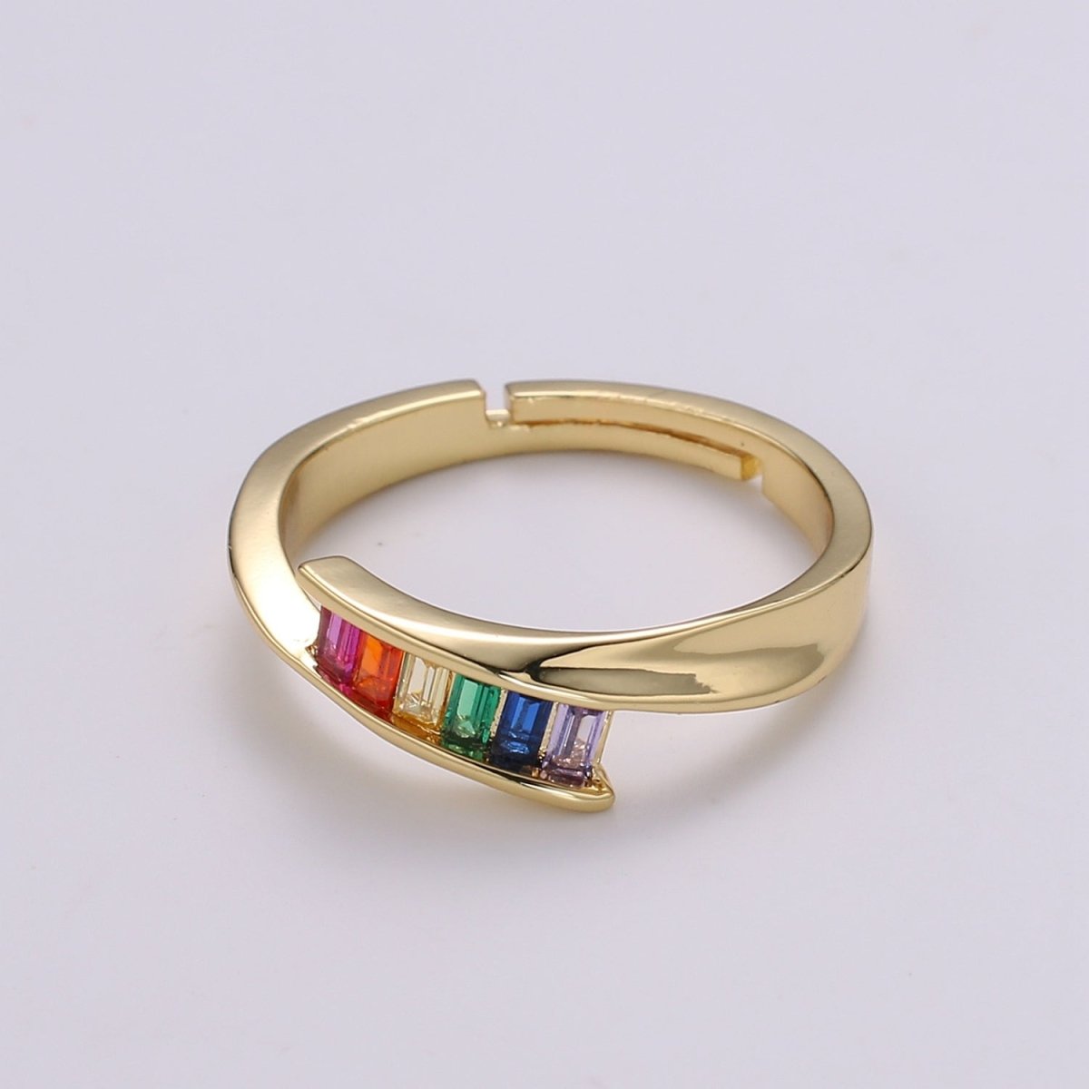 Dainty Rainbow Baguette Ring - Colorful Ring - Multicolor Stone Ring - Rainbow Jewelry - Stacking Ring Adjustable Ring US Size 7.5 R502 - DLUXCA
