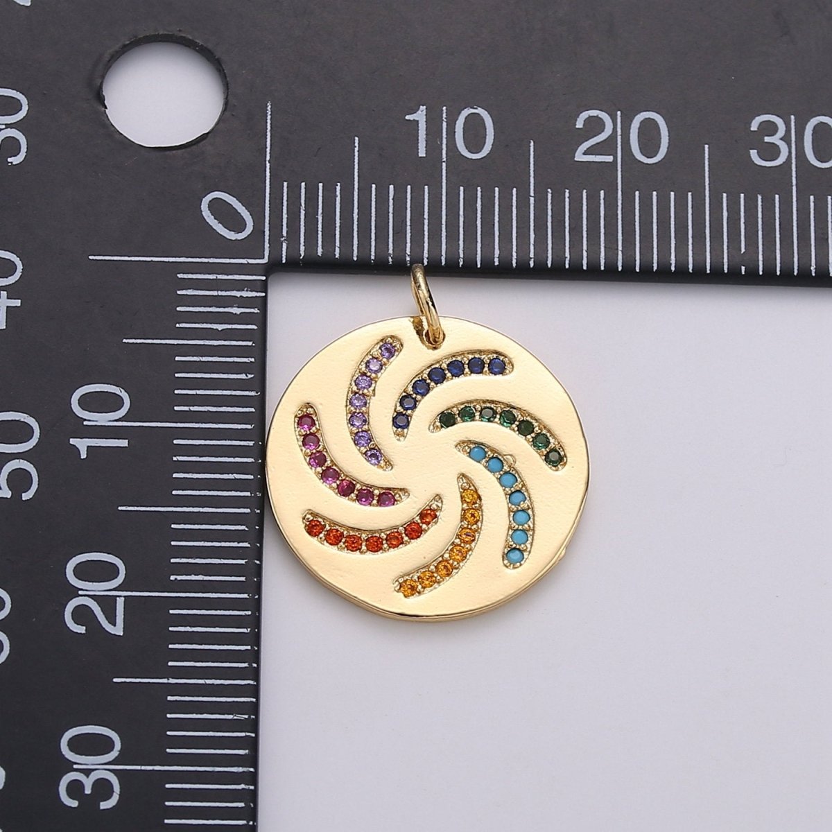 Dainty Rainbow Charm, Multi Color Charm Micro Pave Cz Pendant Disc Charm in Gold Filled, C-567 - DLUXCA