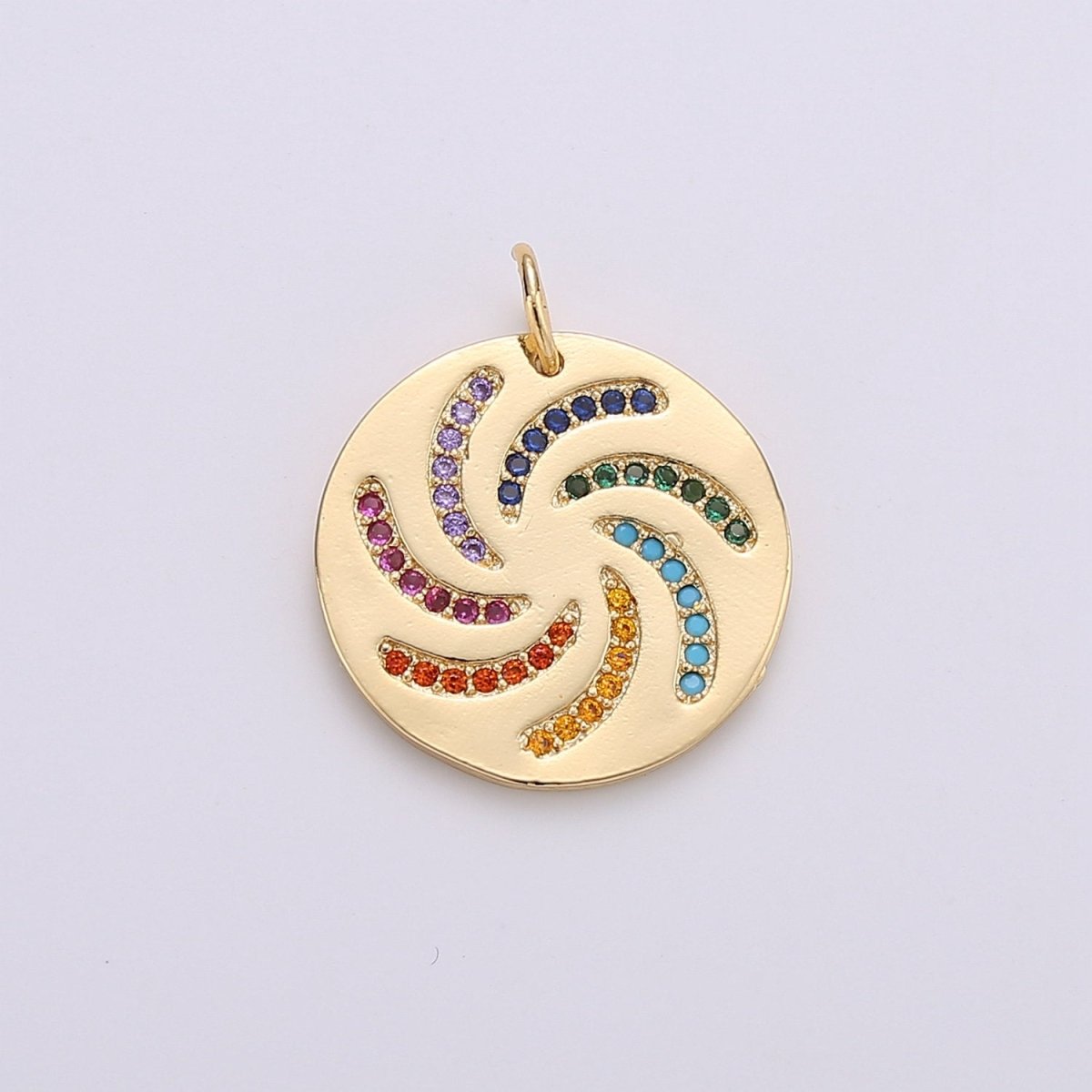 Dainty Rainbow Charm, Multi Color Charm Micro Pave Cz Pendant Disc Charm in Gold Filled, C-567 - DLUXCA