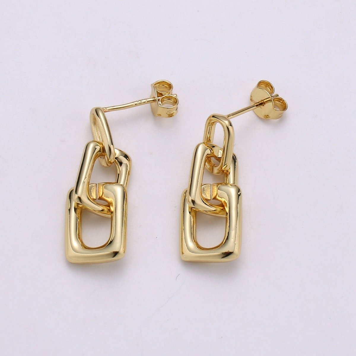 Dainty Rectangle Link Charm Stud, Gold Plated Simple Earring Modern design Earring, Butterfly backing closure Q-341 - DLUXCA