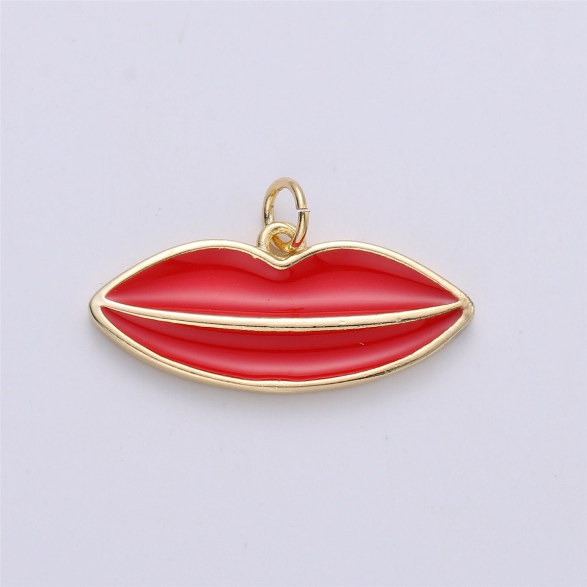 Dainty Red Enamel Lips charm, 25mmx15mm, Gold lips charm, Lips Charm, 14K Gold Plated for Bracelet Necklace Earring Charm C-723 - DLUXCA