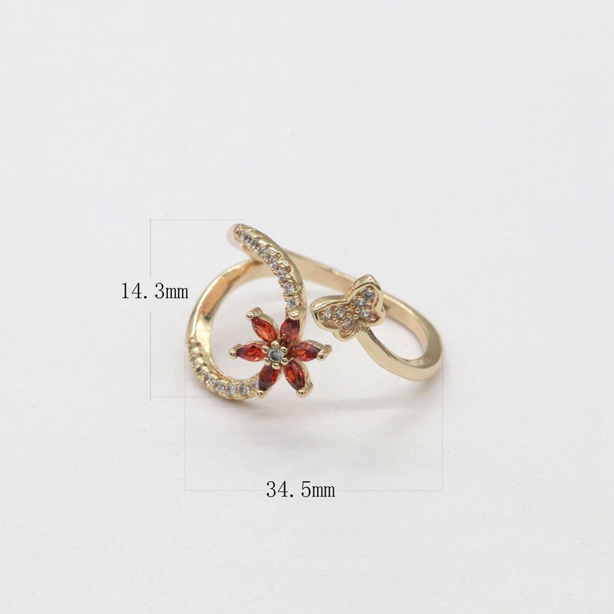 Dainty Red Flower Ring with Gold Butterfly Open Adjustable Ring O-877 - DLUXCA