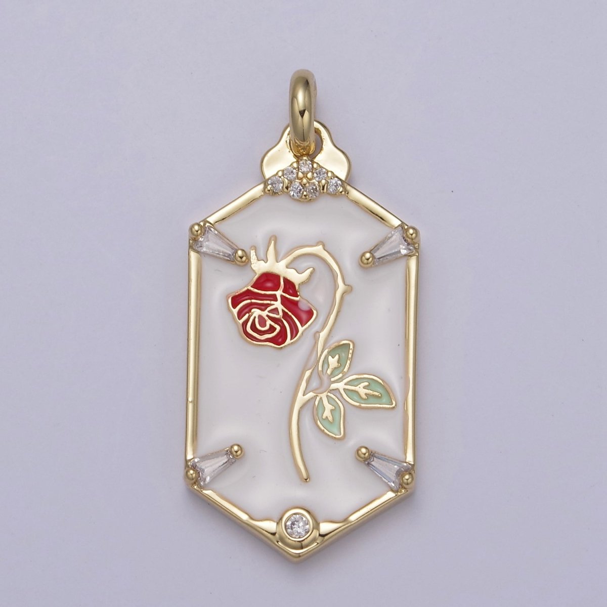 Dainty Red Rose Charm Necklace, 14K Gold Filled Flower necklace Pendant Belle beauty and the beast Jewelry Inspired Hexagon Tag Dangle Charm N-759 N-761 - DLUXCA