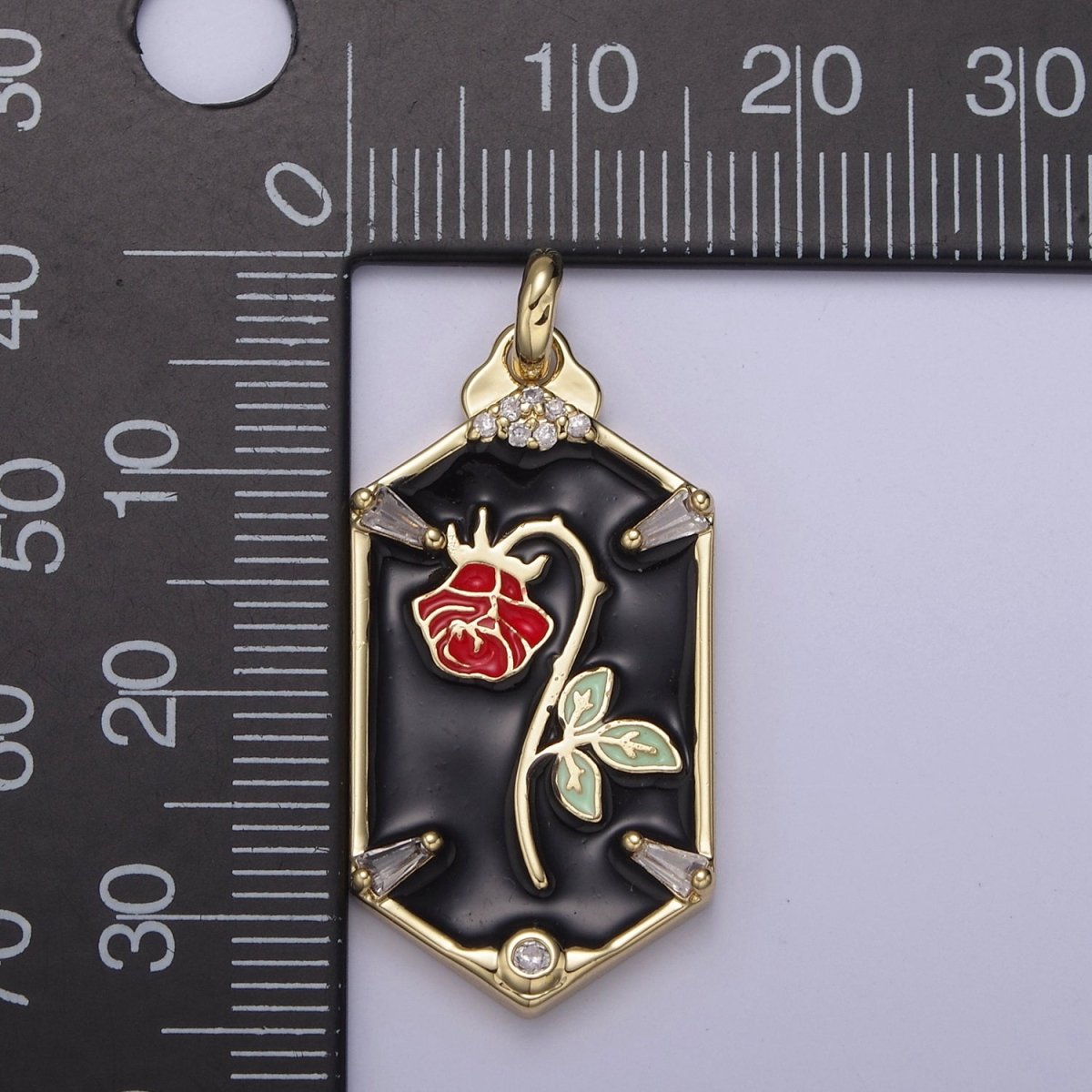 Dainty Red Rose Charm Necklace, 14K Gold Filled Flower necklace Pendant Belle beauty and the beast Jewelry Inspired Hexagon Tag Dangle Charm N-759 N-761 - DLUXCA